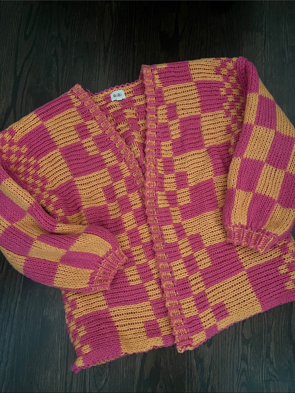 BiBi Pink & Burnt Orange Checkered Chunky Knit Cardigan oversized size S